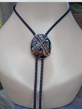 Black Braided Bolo Tie Necklace with Hand-Painted Floral and Guitar Slide